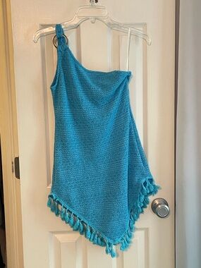 Turquoise One-Shoulder Crochet Swim Coverup with Tassel Hem